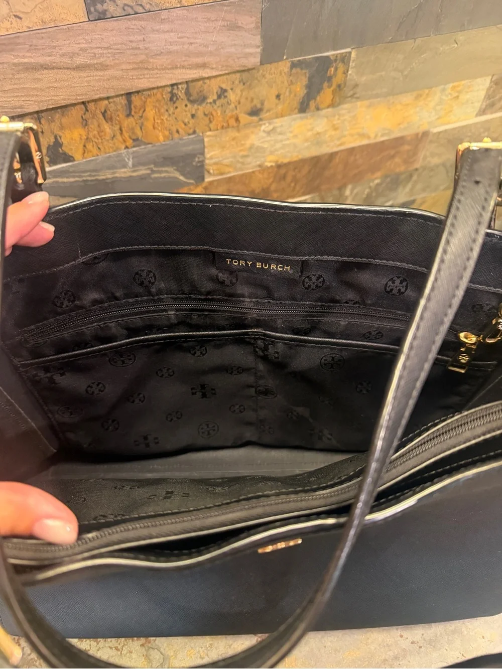 Tory Burch Black Leather Tote with Gold Logo and Hardware
